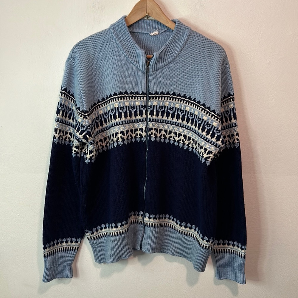 Vintage Nordic Zip Up Grandma Sweater Blue‎ Navy and White - Fits Size Large